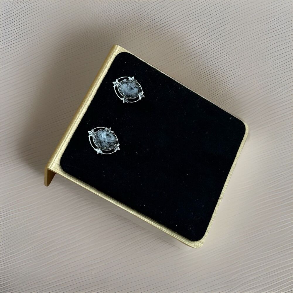 Natural Speckled Granite Stone Stud Earrings Round Silver Tone Ornate Setting